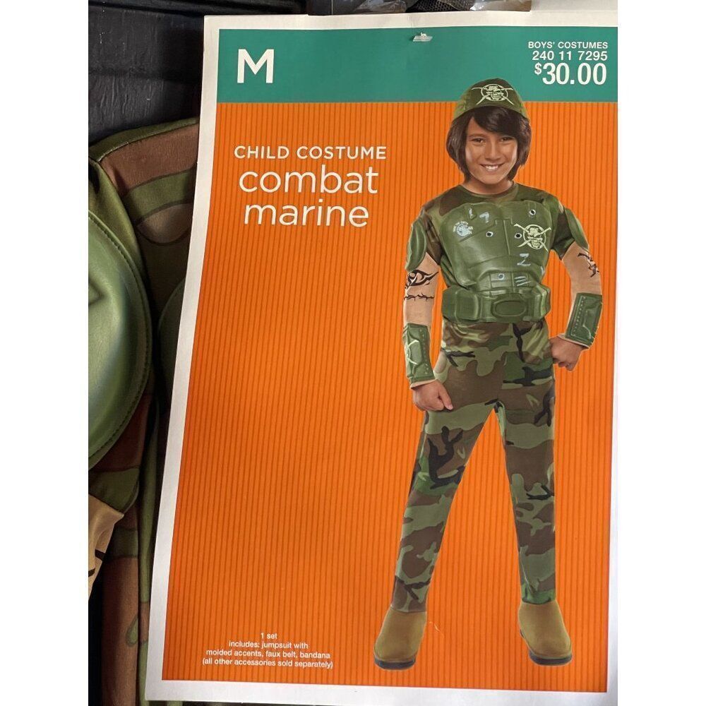 Child Combat Marine Costume, Jumpsuit With Molded Accents, Faux Belt & Bandana